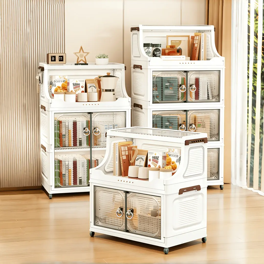 2-6Tier Large Capacity Storage Cabinet with Lid, Stackable Wardrobe Storage Box, Foldable Plastic Organizer Cabinet with Doors & Wheels, Tool-Free Assembly Space-Saving Storage Bin for Home, Living Room, Office & Dormitory