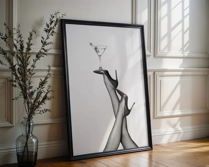 Designer Wall Art Martini & Heels Print  Black and White Fashion Home Decor