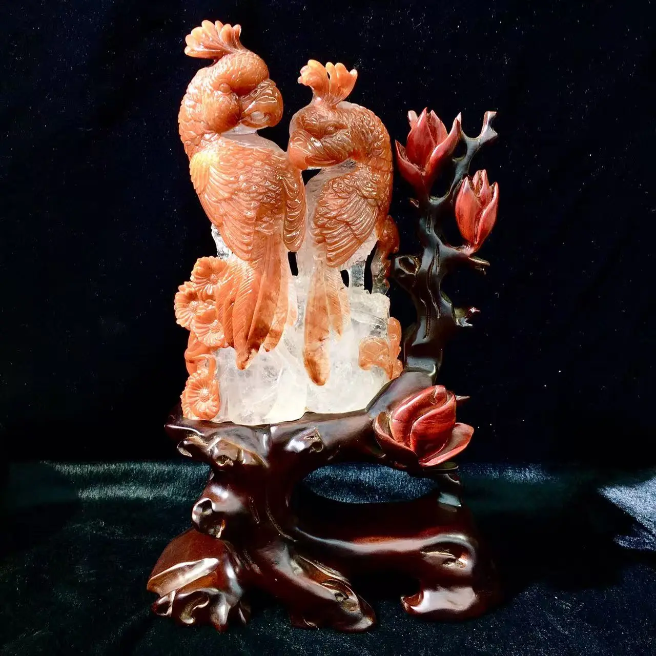Hand-Carved Carnelian Agate Parrot Ornament, Natural Rabbit Hair Crystal Figurine for Stylish Home Decor with Display Stand