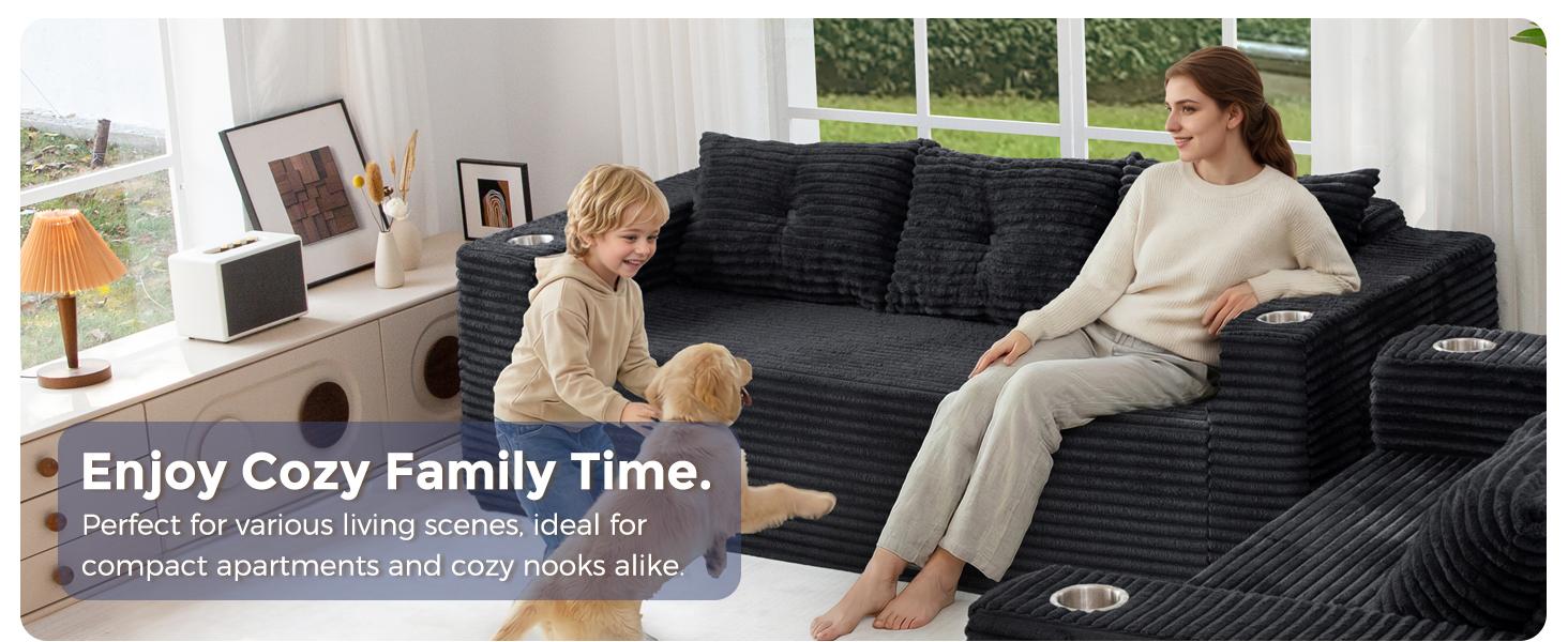 MAXYOYO Boneless Couch and Loveseat Sets for Small Spaces, Mini Love Seat Floor Couch with Cup Holders and Pillows, Upholstered Cloud Couch for Bedroom Apartment, No Assembly Required