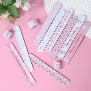 12Pcs Pink Bow Slap Bracelets Set – PVC Snap Wristbands with 6 Cute Patterns for Birthday Party Favors, Baby Shower, Gender Reveal & 1st Birthday, Goodie Bag Fillers & Photo Booth Accessories