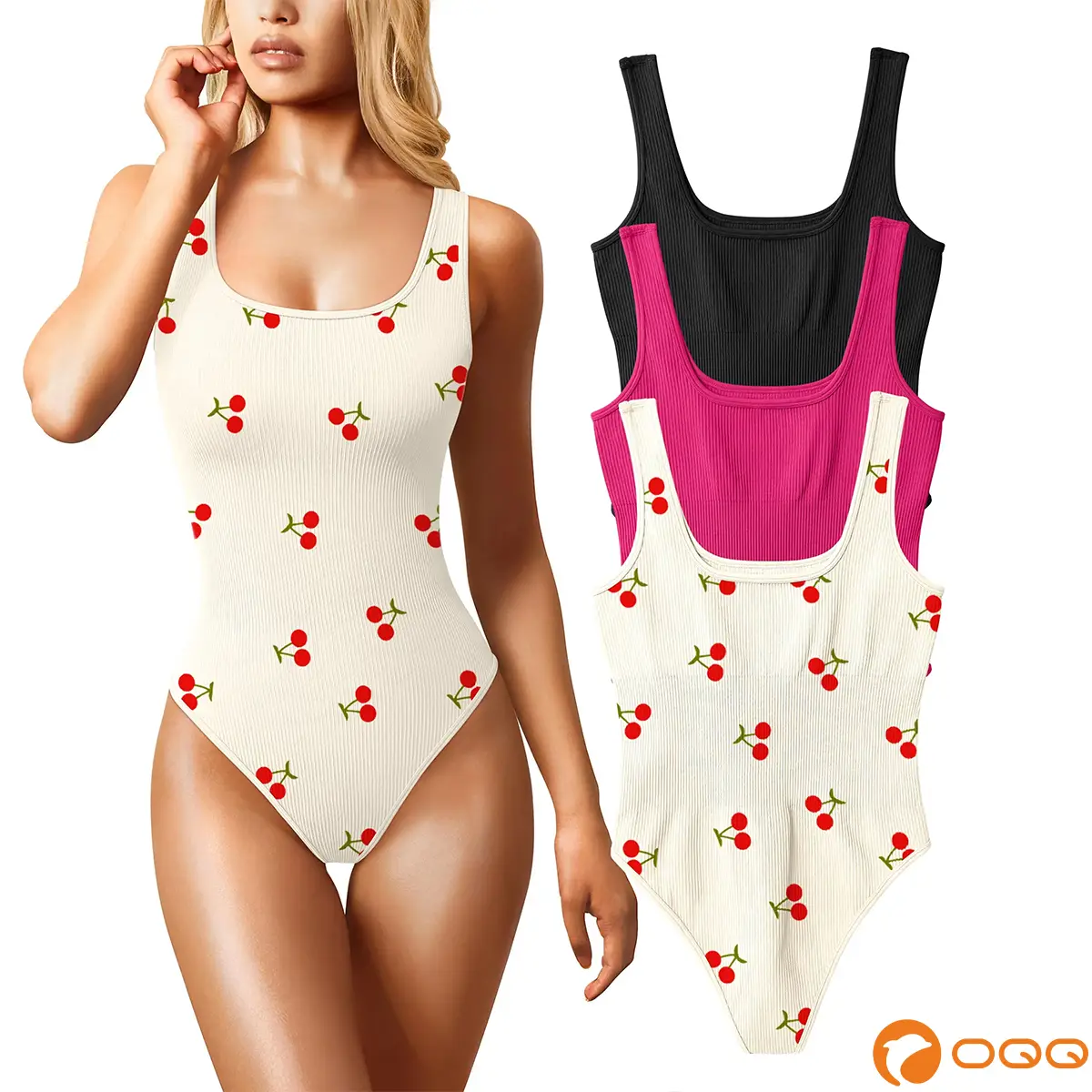 OQQ Women's 3 Piece Bodysuits Sexy Ribbed Sleeveless Square Neck Tank Tops Seamless Trendy