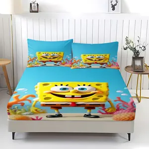 3 Piece Spongebob Pattern Fitted Sheet Set, Soft And Durable Bedding Set Includes 1 Piece Flat Sheet And 2 Pieces Pillowcases, Daily Holiday Birthday Gift Bedroom Decorations For Kids And Adults