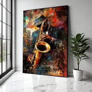 2D Flat Modern Abstract Jazz Music Poster in Black Golden Red Brown Canvas Print Wall Art Decor for Living Room Bedroom Office Poster for Jazz Clubs