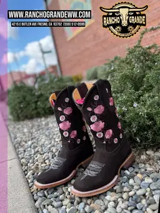 428 Cowgirl Boots Lady's Square Toe Nobuck Leather Dark Brown Pink Roses