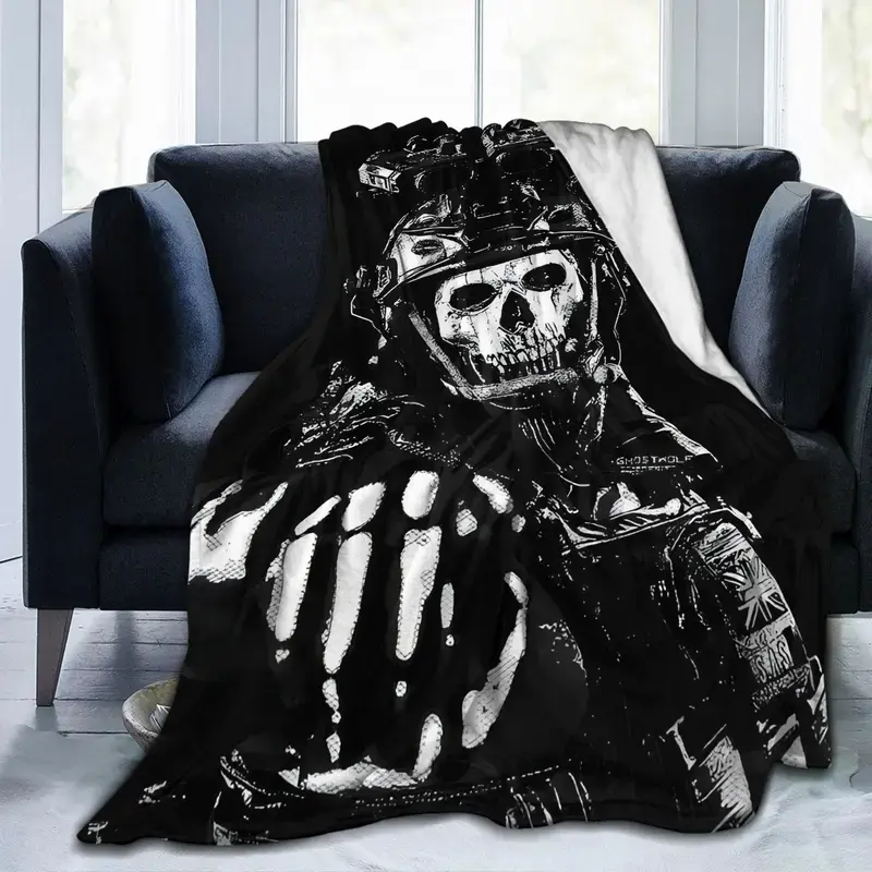 COD Ghost Reaper Fleece Blanket Digital Print Featuring Skulls And Tactical Gear Black And White Gaming Theme Soft Shawl for All Seasons Durable Sofa Bed Cover for Home Use Perfect for Napping Air Conditioning Summer Couch Bedroom Living Room Dorm