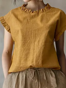 Women's Elegant French Vintage Linen Short Sleeve Blouse, Wooden Collar Round Neck Pleated Sleeves Shirt, Loose Fit Summer Cotton Blend Top Elegance Womenswear