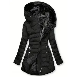 NewZippered Hooded Down Jacket, Casual Long Sleeve Pocket Faux Lined Warm Winter Jacket, Women's