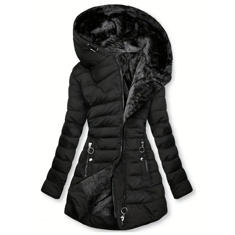 NEWNewZippered Hooded Down Jacket, Casual Long Sleeve Pocket Faux Lined Warm Winter Jacket, Women's