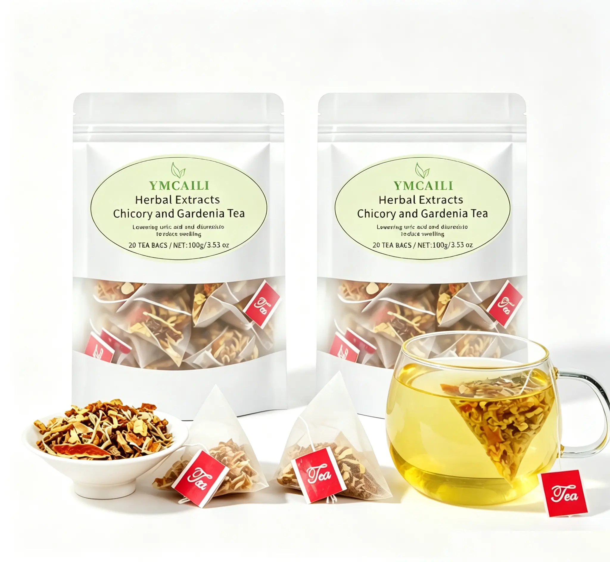 YMCAILI Chicory and Gardenia Herbal Tea Bags, Natural Botanical Blend, Caffeine-Free Vegan All-Natural Herb Infusion, Individually Packed Triangle Tea Sachets for Daily Warm Beverage, 80 Counts Wellness Herbal Drink