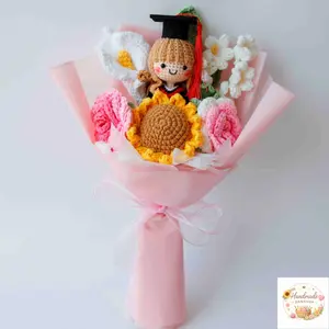 Crochet Graduation Bouquet with Doll, Artificial Decorative Flower Arrangement for Graduation, Home Graduation Gift for Her