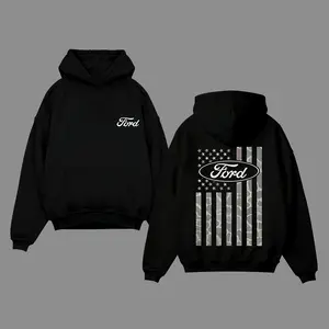 Ford Camo Graphic Hoodie – Vintage Patriotic USA Flag Pullover, Rugged American Truck Fan Hoodie, Unisex Camouflage Hoodie