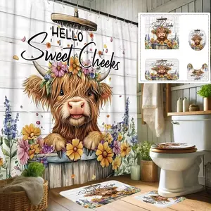 4 pcs cute Highland cow and floral designs, exquisite shower curtain set, non-slip floor mat, U-shaped carpet, toilet lid cover, perfect for bathroom decoration, partition, beautify the space, 12 shower curtain hooks are included