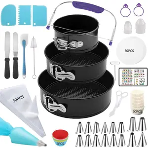 Complete 179 count Springform Round Cake Pans Set for Baking and Cake Decorating, including 16 Piping tips,65Baking Cups,30Parchment paper liners,spatulas,4''+7'' +9''Cake Pans