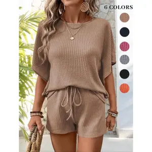 Women’s waffle-knit casual suit, round-neck short-sleeve batwing-sleeve top and drawstring shorts, matching set, casual loungewear GARMENTARY