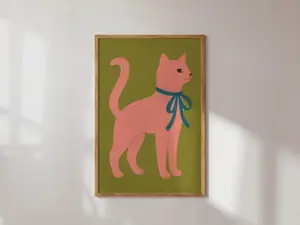 Pink Cat Wall Art, Whimsical Kitty Print, Mid Century Modern Animal Decor