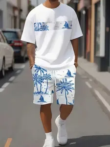 Men's Tropical Palm Tree Print T-Shirt and Shorts Set, Outfit, Casual Fitted, All over Print, Summer Fashion, Comfortable Wear, Breathable