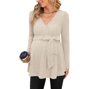 Womens Maternity Shirts Long Sleeve Pregnancy Tops Casual V Neck Ribbed Knit Pregnant Blouses Dress Clothes