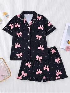 Sweet Bow Print Kids Pajama Set, Base Fitted Short Sleeve Top & Elastic Waist Shorts, Casual Home Wear for Girls