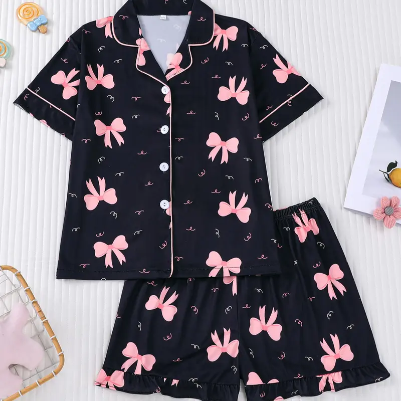 Sweet Bow Print Kids Pajama Set, Base Fitted Short Sleeve Top & Elastic Waist Shorts, Casual Home Wear for Girls, Pajama Sleepwear, Soft Casual Pajamas, Bow Print Pyjama, Pj Set