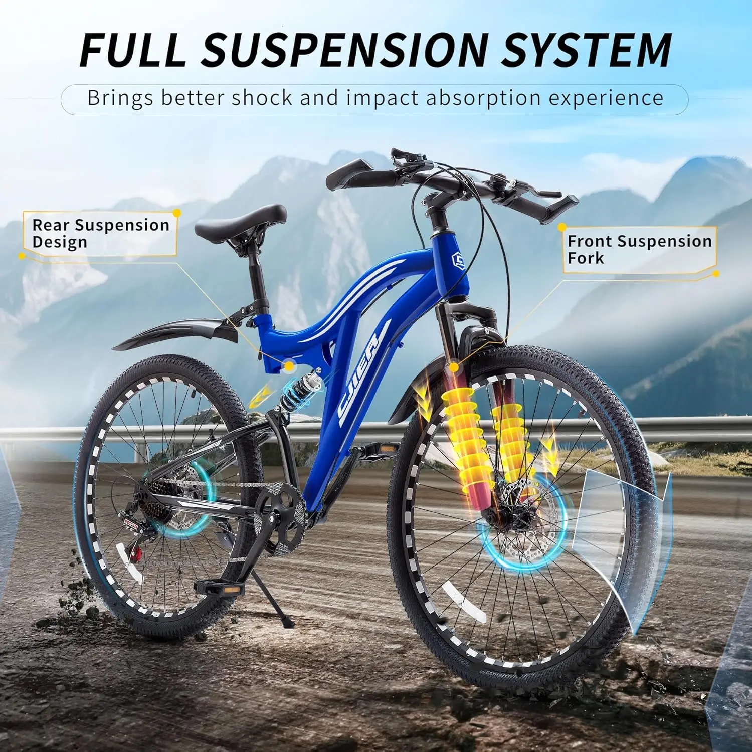 24 26 inch Mountain Bike for Boys and Girls, 7-Speed MTB Bicycle with Dual Full Suspension, High-Carbon Steel Frame, Double Disc Brake, Softail Mountain Bike for Teenager and Youth Outdoor Adventure