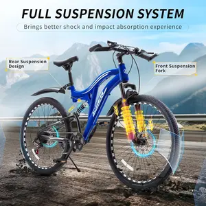 24 26 inch Mountain Bike for Boys and Girls, 7-Speed MTB Bicycle with Dual Full Suspension, High-Carbon Steel Frame, Double Disc Brake, Softail Mountain Bike for Teenager and Youth Outdoor Adventure