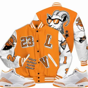 3 White Orange Peel Varsity Jacket, Orange Citrus 3s Outfit AIR Number 23 Shirts To Match Sneaker Streetwear