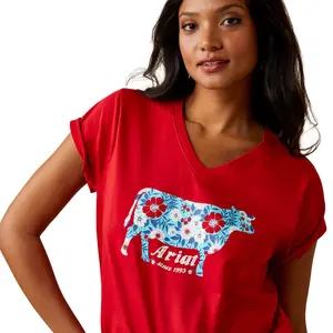 Ariat Women's Red Floral Cow T-Shirt - Fitted Short Sleeve Casual Summer Tee Since 1995
