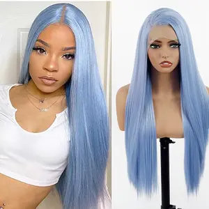Light Blue Lace Front Wig 13×4 Hand-Tied Straight  Natural Hairline Sky Blue Heat-Resistant Fiber for Women Cosplay & Everyday Wear