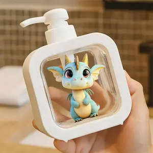 Moisturizing Soap Pump Bottle, Cute Cartoon Baby Dragon Design (Light Blue Skin, Cream Underbelly, Golden Horns, Sparkly Ears) - Perfect Kitchen & Bathroom Soap Dispenser with Friendly Playful Vibe, Warm Golden Background