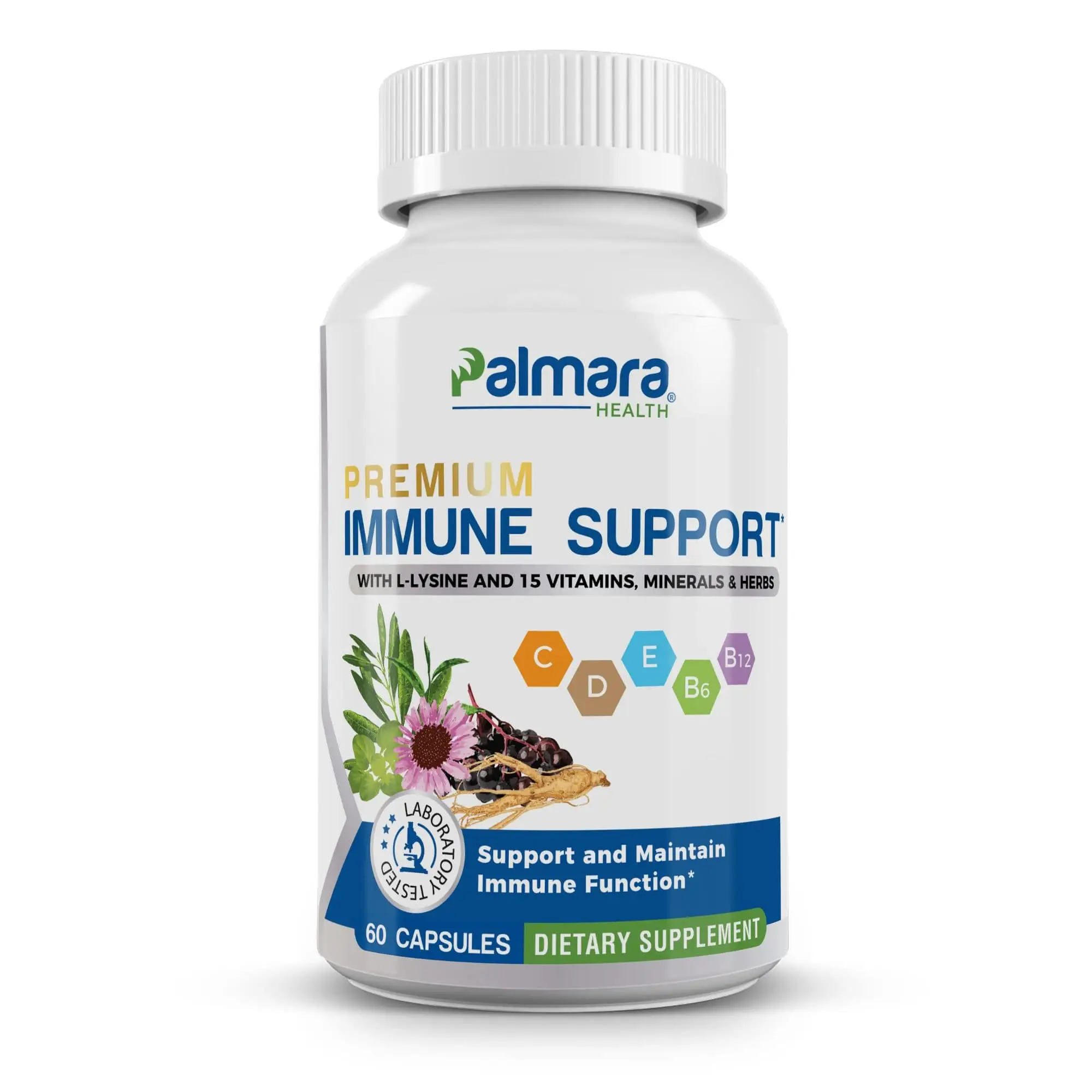 16-in-1 Immune Support - Award-Winning Blend of Vitamins C, D, E, B6, B12, Zinc, Selenium, and Herbal Extracts – 60 Vegan Capsules | Palmara Health