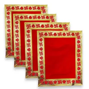 Elegant Red Velvet Pooja Mat Asan | Golden Zari for Diwali & Mandir Decor | Sacred Housewarming Gift | Multiple Sizes for Every Need