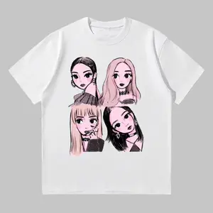 K-Pop Girl Group Cartoon Portrait Oversized Graphic Tee 100% Cotton Short Sleeve T Shirt For K-Pop Fans Trendy t-shirts Trend Gift