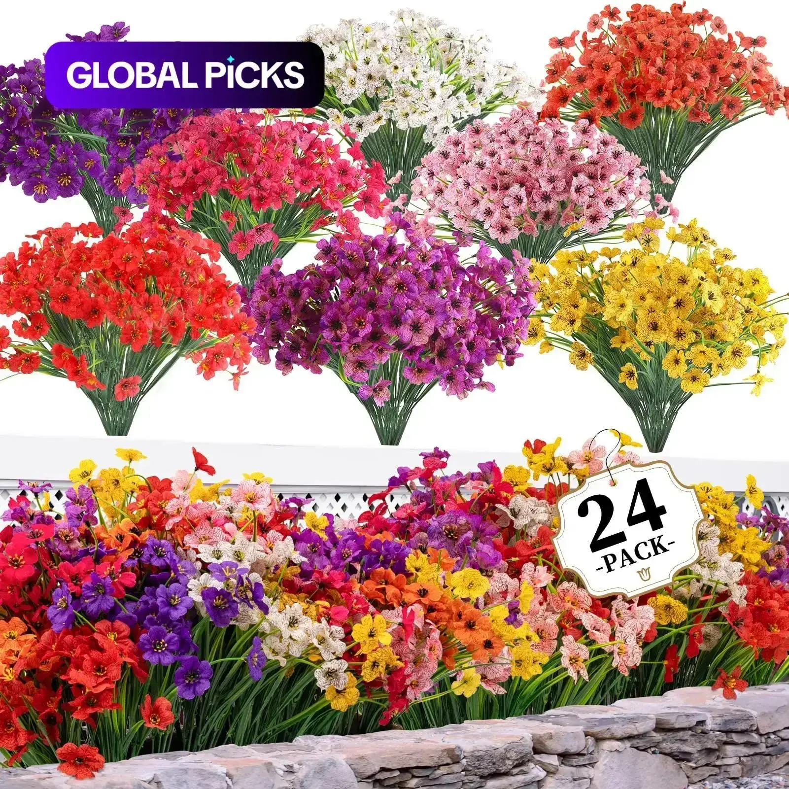 UV-Resistant Mixed Color Decorative Bouquet Flowers - 8-Color, 24-Piece Fake Flowers for Outdoor, Artificial Outdoor Plants, Floral Hanging Ornaments, Home Decor Items for Home, Garden