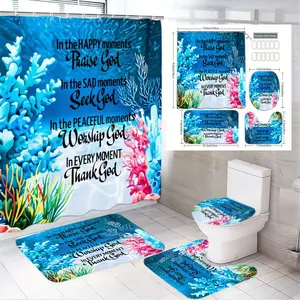 4pcs Vibrant Underwater Coral Reef Bathroom Set, Inspirational Religious Quotes, Shower Curtain, Toilet Seat Cover, Bath Mats, The floor mat fabric is thicker and softer!