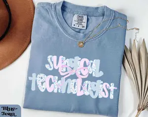 Surgical Technologist Shirt Comfort Colors | Cute Floral Gingham OR Tech Tee | Scrub Tech shirts  | Surgery Team Shirt Fabric Top Womenswear Fit