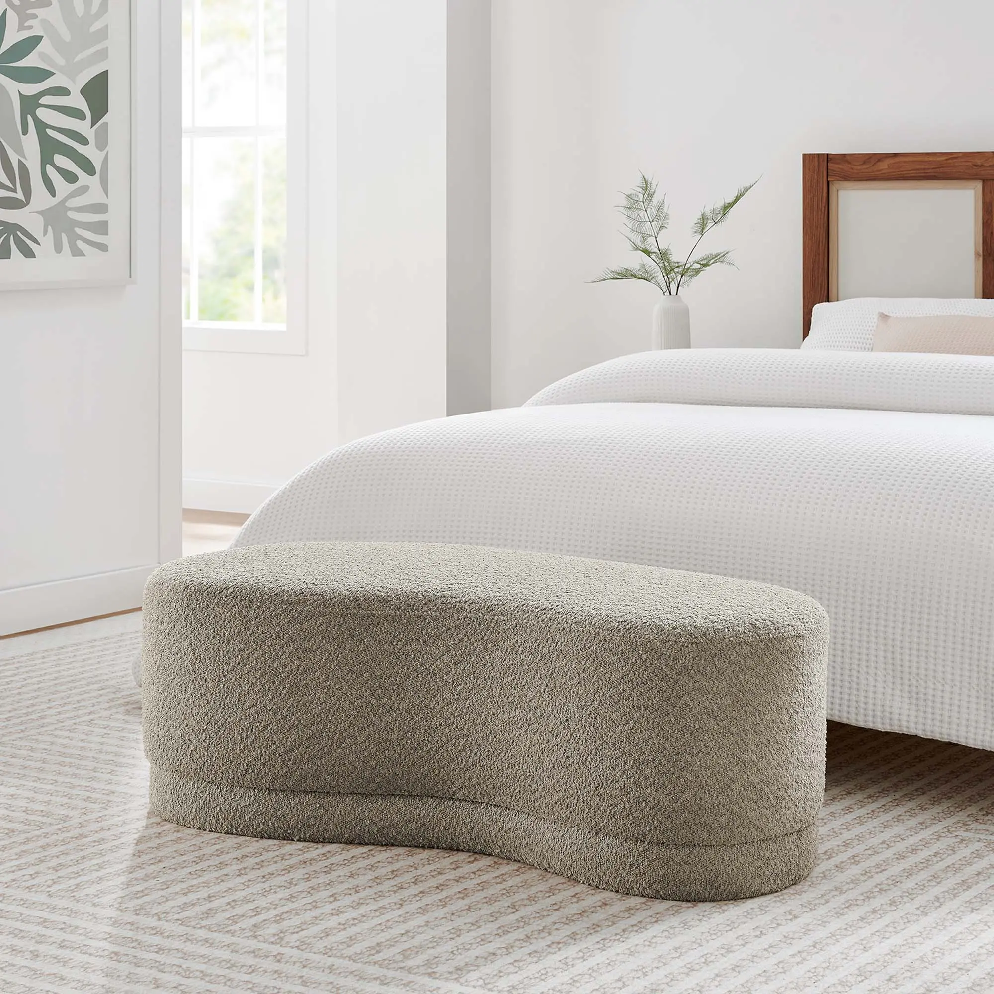 Nimbus 48" Cushioned Upholstered Ottoman Bench, Modern Bedroom Stool, Oat-Colored Cushioned Living Room Furniture