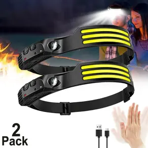 2pcs LED Headlamp Rechargeable 230° Wide with Motion Sensor, HeadLight Flashlight for Hiking, Running, Repairing, Fishing Cycling Camping Essentials Gear COB Super Bright Head Lights for Hard Hat Light