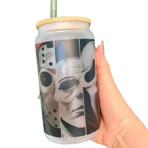 Halloween Horror Characters Glass Cup, Spooky Season Characters Glass Tumbler with lid and straw