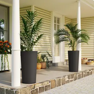 Set of 2 29" Tall Outdoor Planters – Black, Weather & UV Resistant. 6mm Thick PP – Crack & Fade Resistant. Stackable for Storage. Use Indoors or Outdoors