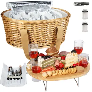 Wicker Picnic Basket Set for 4 with Mini Folding Wine Picnic Table & Large Insulated Cooler Bag & Cutlery Service Kits for 4 Person, Couples Gifts, Wedding Gifts (Y2209-4-CM)