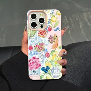 1-Piece TPU Phone Case with Faux Leather Texture, Blush Pink Exquisite Flower, Strawberry & Puppy Patterns, Stain-Resistant, High-End Phone Accessory for iPhone Series