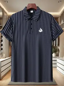 Men's Summer Casual Polo Shirt with Boat Print Short Sleeve, Comfortable Ice-Cool Collared Top for Daily Commute