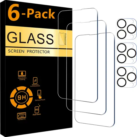 3Pcs Tempered Glass Screen Protector+3Pcs Camera Lens Protectors for iPhone Duo 18 Pro Max 18 17 16 15 14 13 12 11, 9H HD Tempered Glass Film, Anti-Scratch Cover