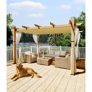 Modern Aluminum Pergola with Retractable Canopy & Side Mesh – Faux Wood Grain Patio Gazebo, Mosquito Netting, UV Protection – Ideal for Backyard, Deck, or Garden, Beige & White, 10*10ft/10*13ft