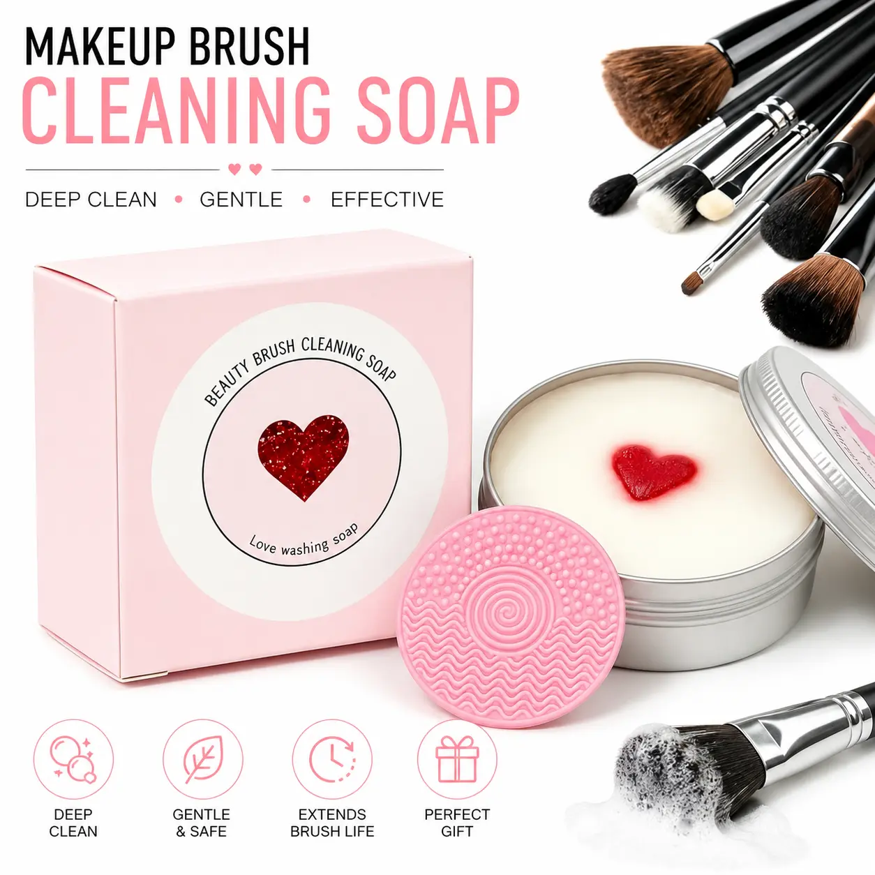 100g Solid Makeup Brush Cleansing Soap Kit with Silicone Scrub Pad, Gentle Cleaning Soap for Cosmetic Brushes, Makeup Sponges, Blenders & All Beauty Makeup Tools