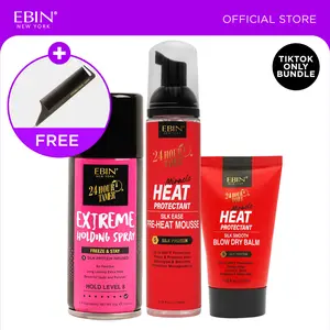 EBIN 24 Hour Tamer Pre-Heat Mousse + Blow Dry Balm + Holding Spray (Freeze & Stay) with FREE comb | Silk press, Frizz control, Smooth, Shine