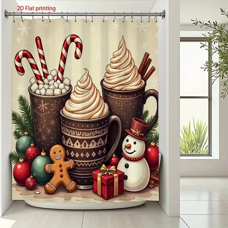 Christmas shower curtain, Printed shower curtain, Funny shower curtains, with hot chocolate gingerbread man, snowman, for bathroom decoration, partition, waterproof, wear-resistant, easy to clean, machine washable, multiple sizes available, free hook
