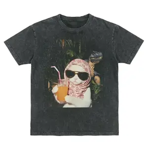 Just A Chill Girl Vintage Graphic Tee, Cat And Dinosaur T-Shirt, Unisex Meme Cringe Funny Dumb Shirt, Menswear Womenswear Streetwear