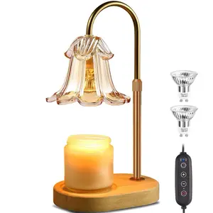 Decorative Electric Flower Candle Warmer Lamp - Adjustable Timer, Dimmer, 2 Bulbs, Fragrance-Releasing Glass Jar Candle Holder, Wooden-Metal Home Decor for Room, Halloween, Ideal Gift for Her
